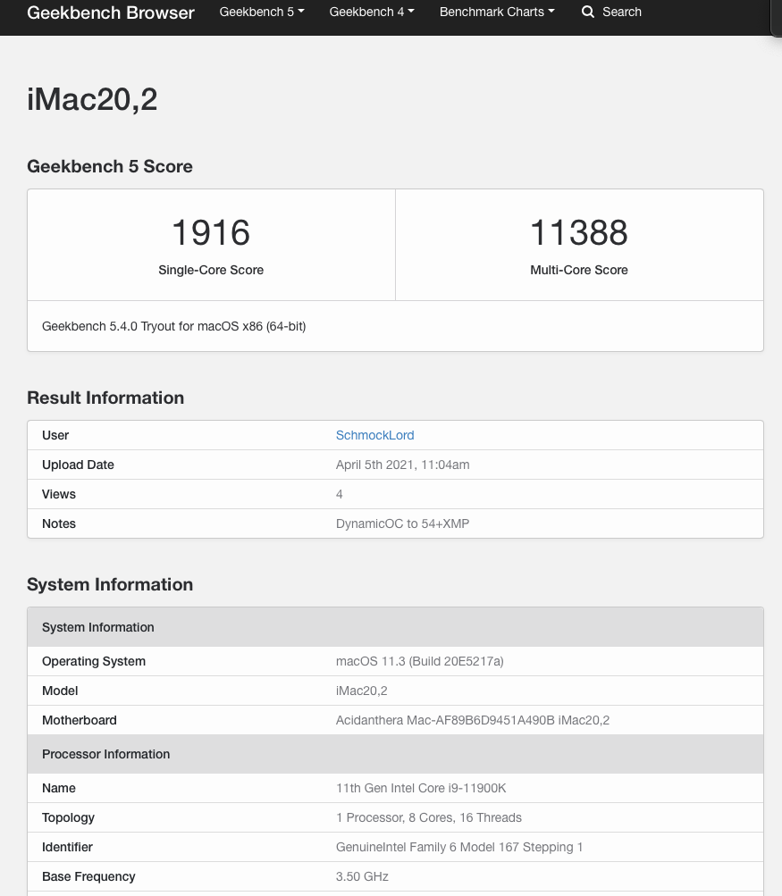 Geekbench Score on Geekbench 5.4.0