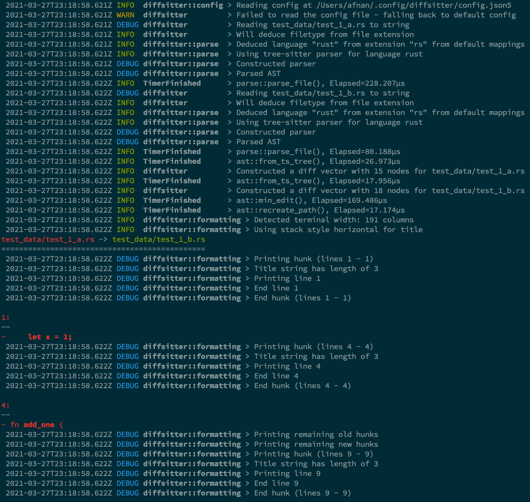 screenshot of rust diff with logs