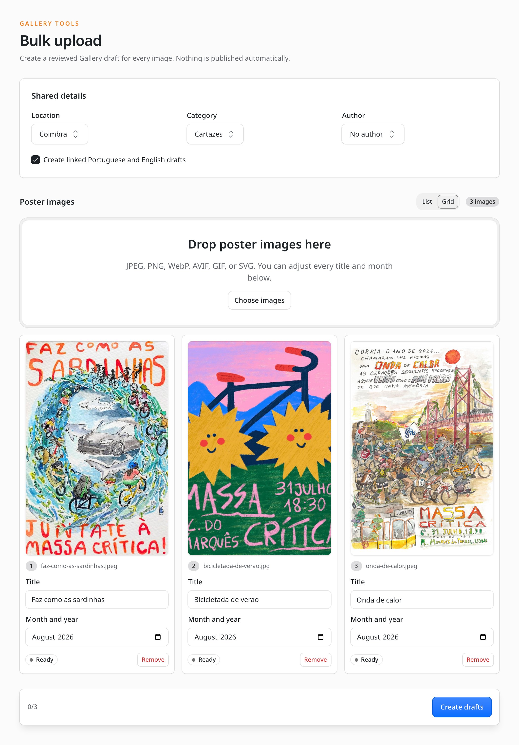 Grid view: a queue of poster images as cards, with shared location, category, and author selects above