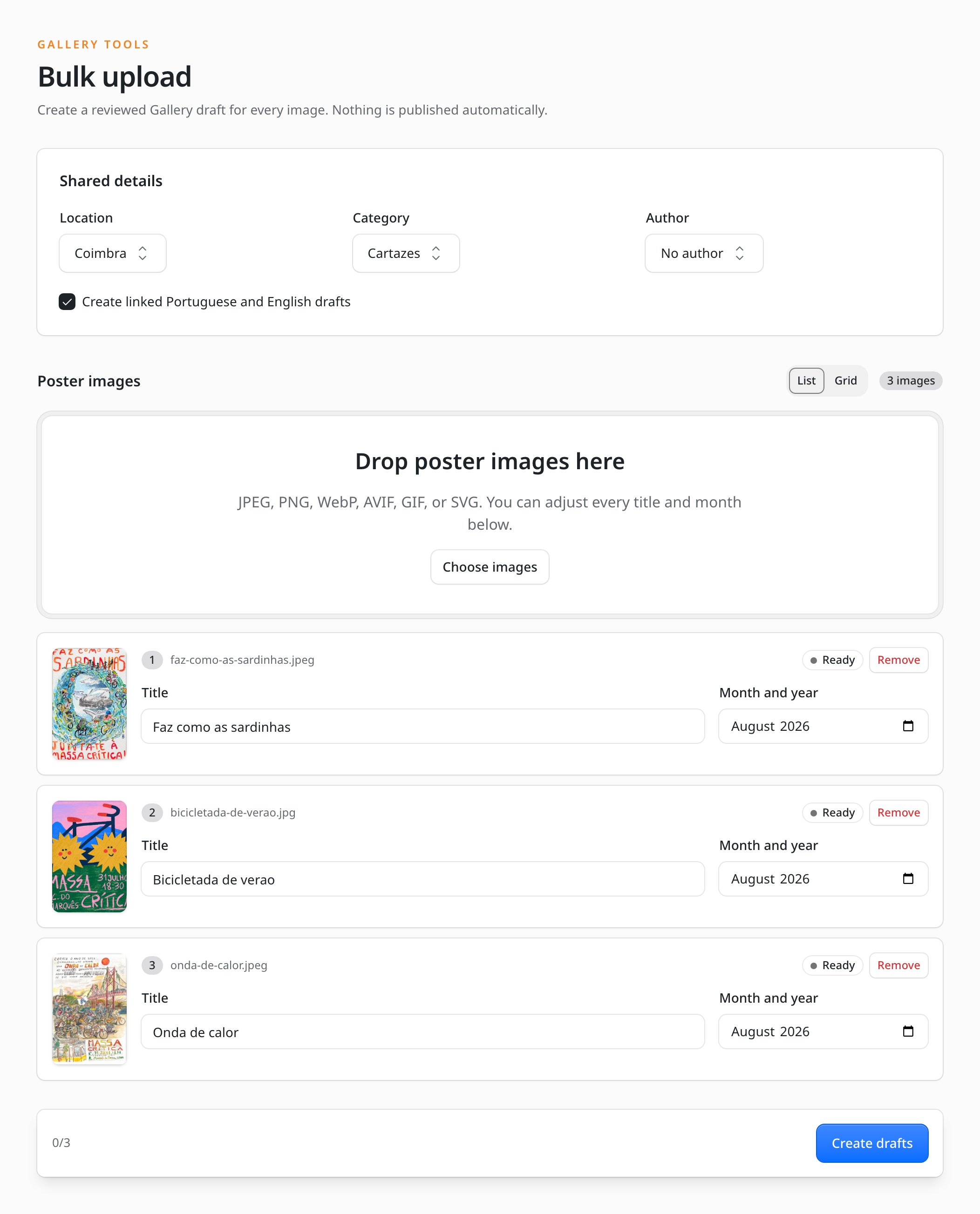 List view: the same queue as compact rows with title and month fields inline