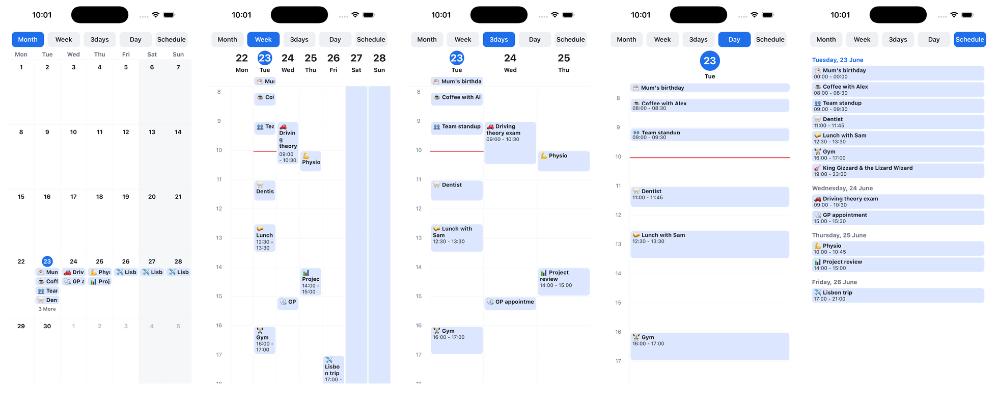 Month, week, 3-day, day and schedule views of react-native-super-calendar