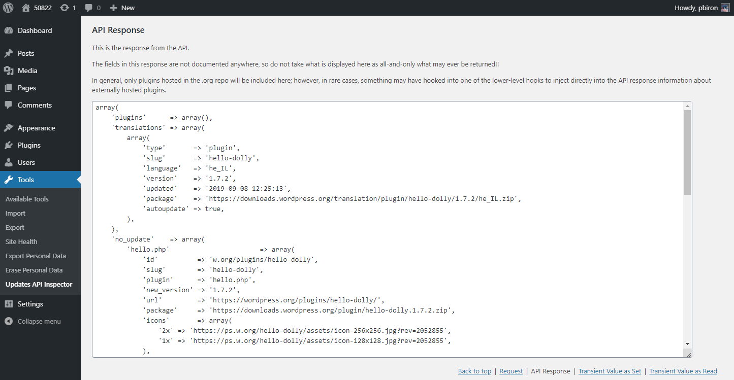 The API Response for plugin updates