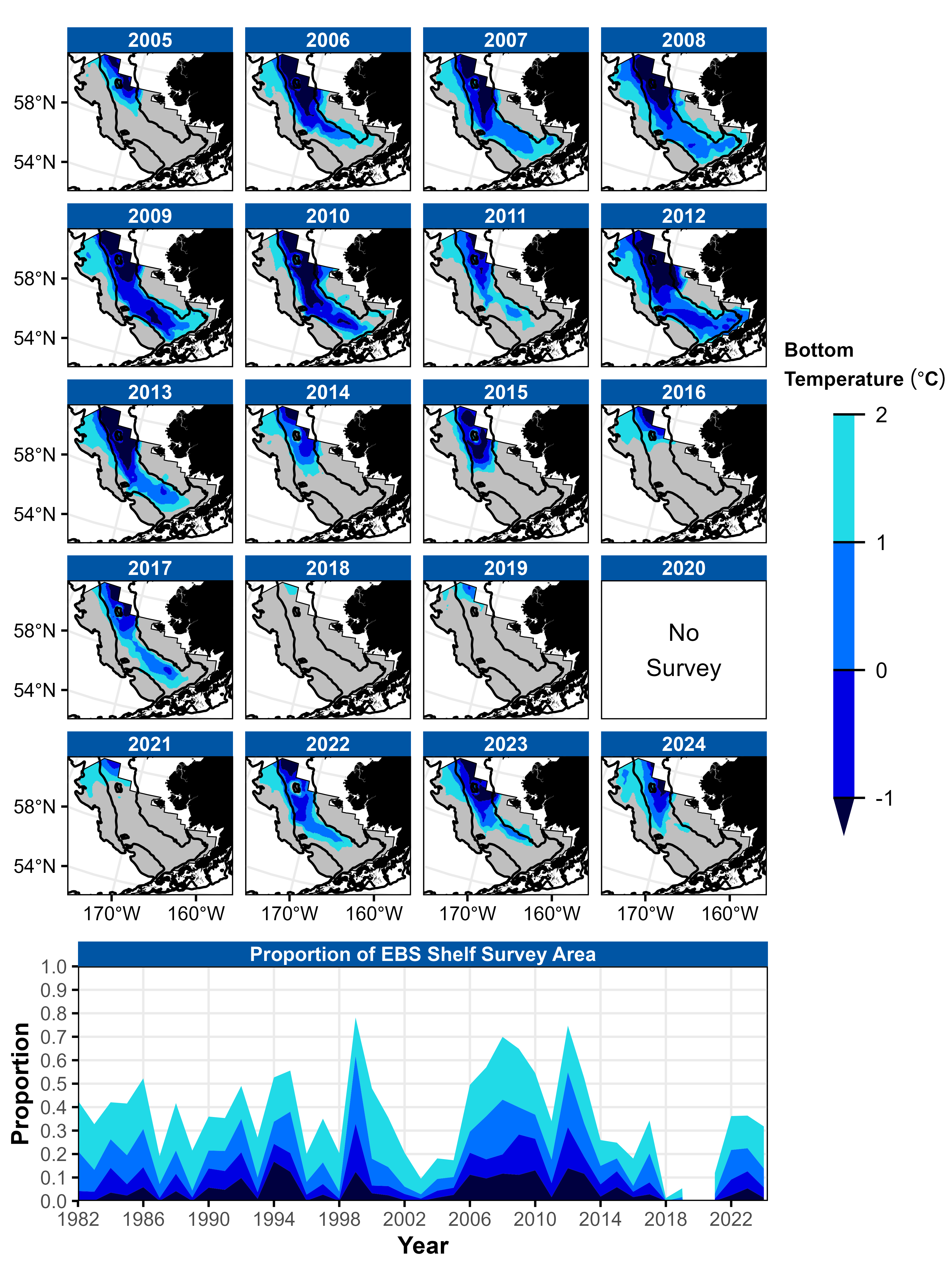 Cold pool area from 2004-2023, based on interpolated survey bottom temperature observations.