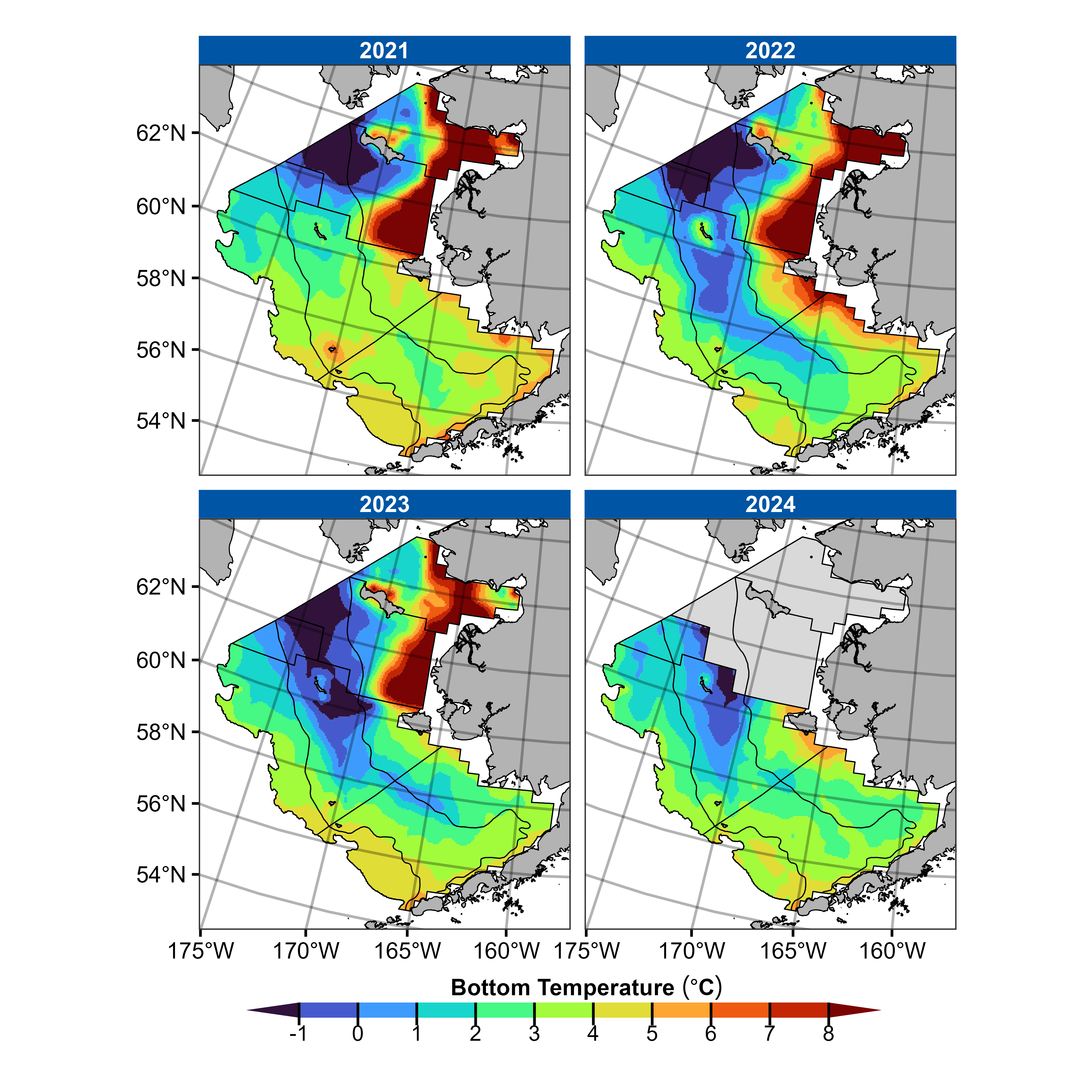 Mean bottom temperature in the eastern Bering Sea, based on interpolated survey temperature observations.