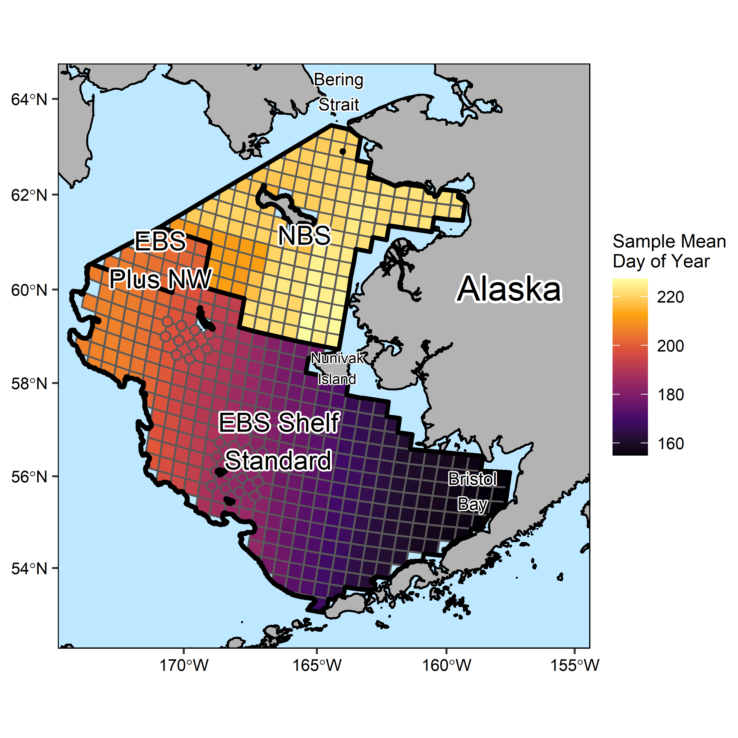 Map of eastern Bering Sea and northern Bering Sea survey areas showing the EBS standard, EBS NW, and NBS survey strata.