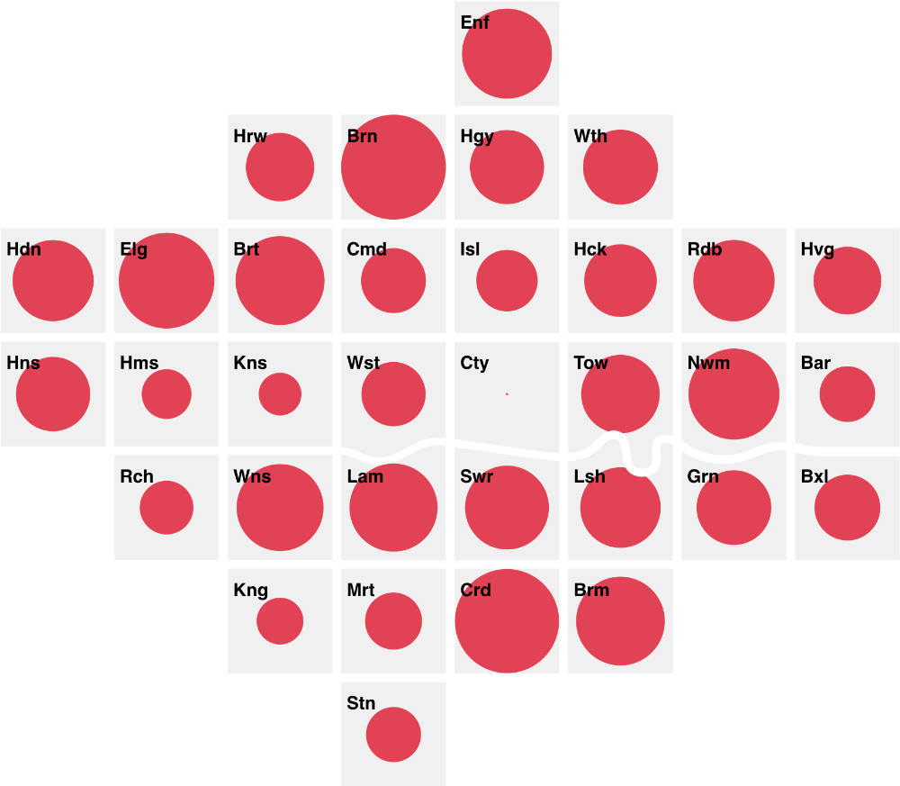 a cartogram showing a single variable visualised as circles