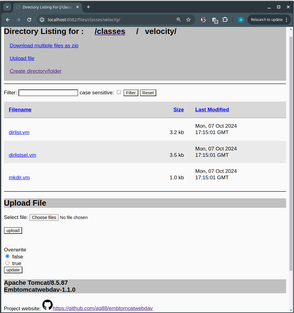 screenshot in a browser showing the upload servlet