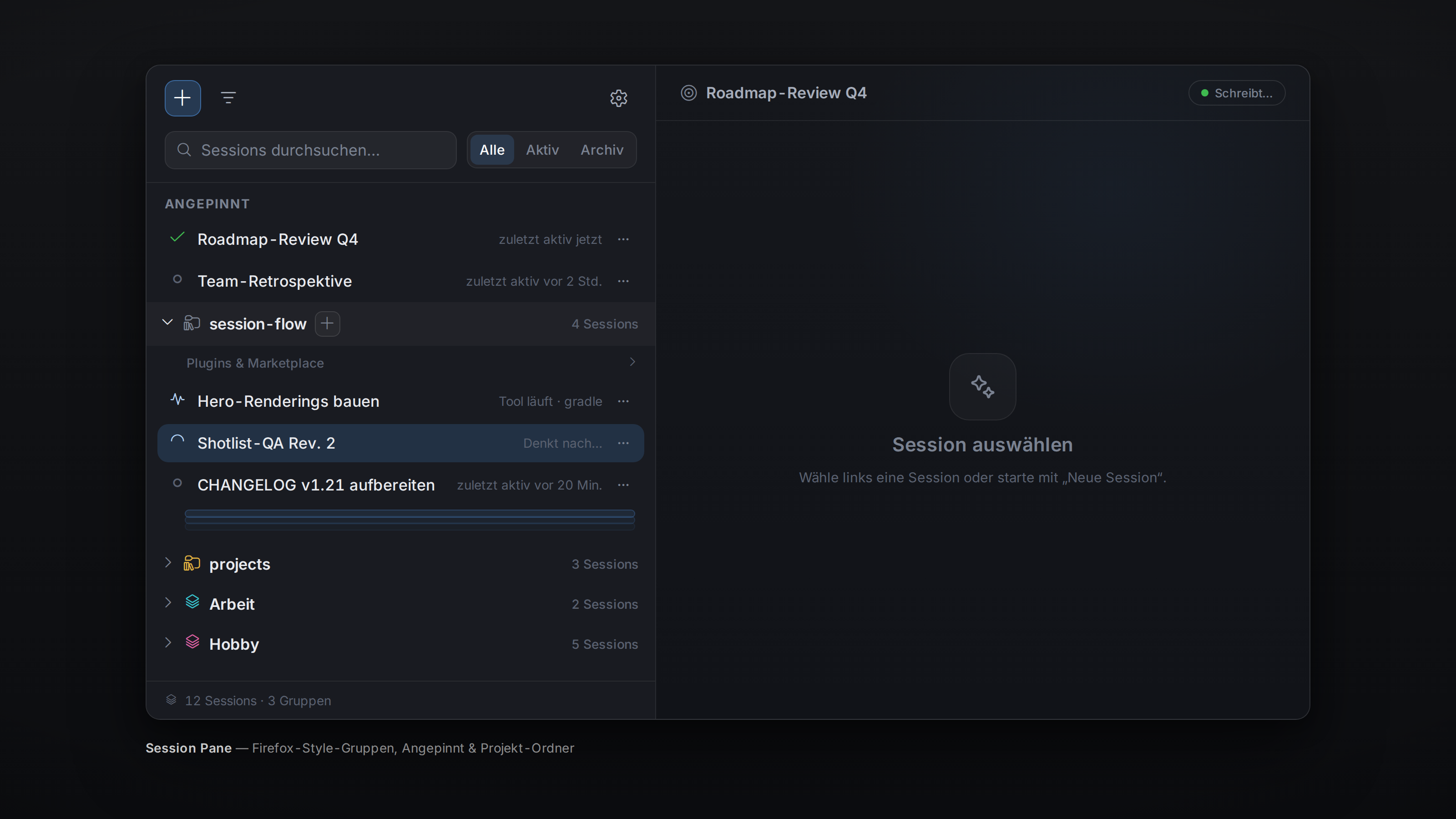 Session Pane with project groups, pinned section and search bar