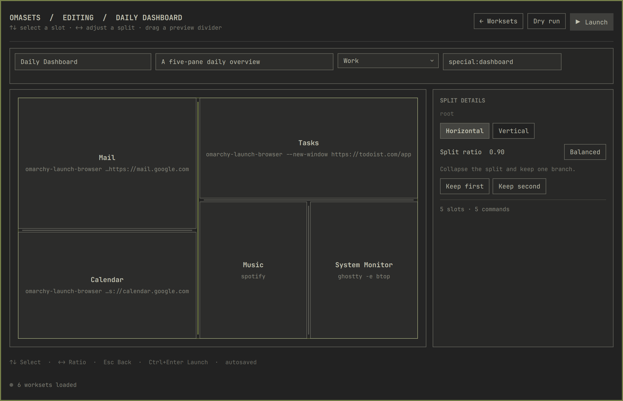 Omasets editing a five-pane daily dashboard