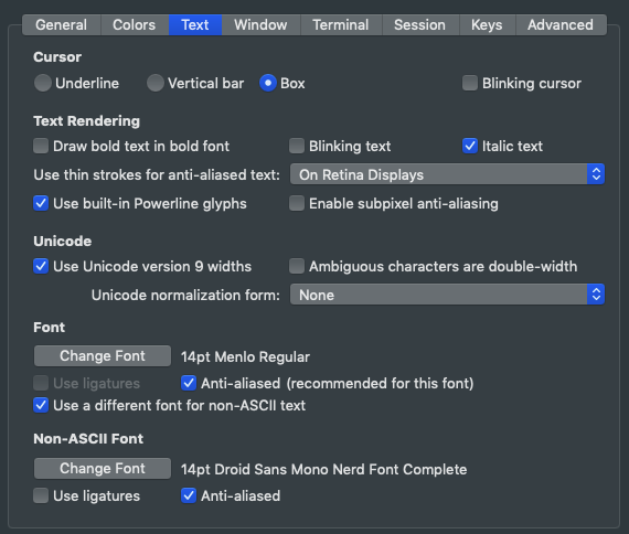 Text section of iTerm settings