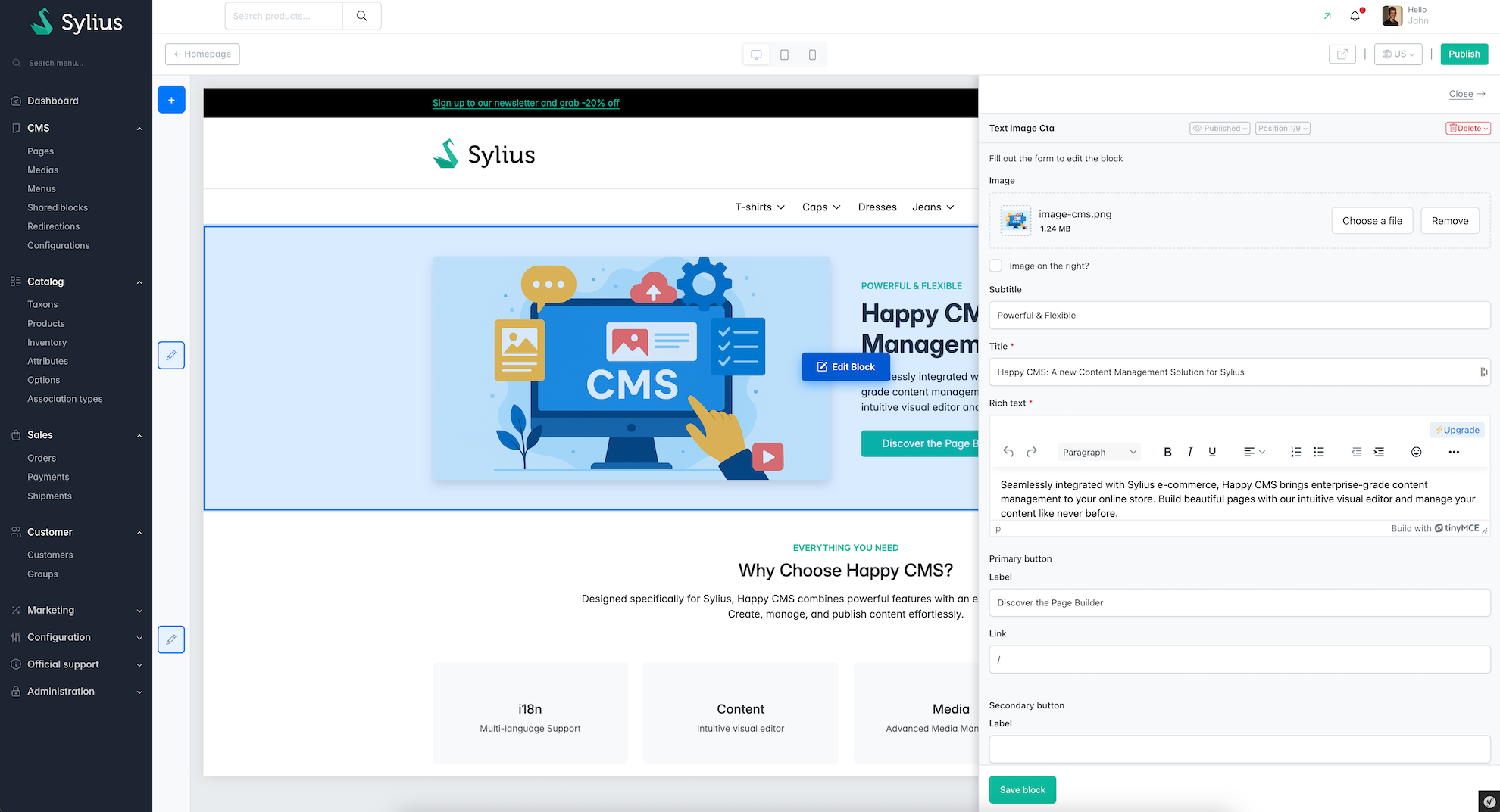 Sylius admin page builder with live preview