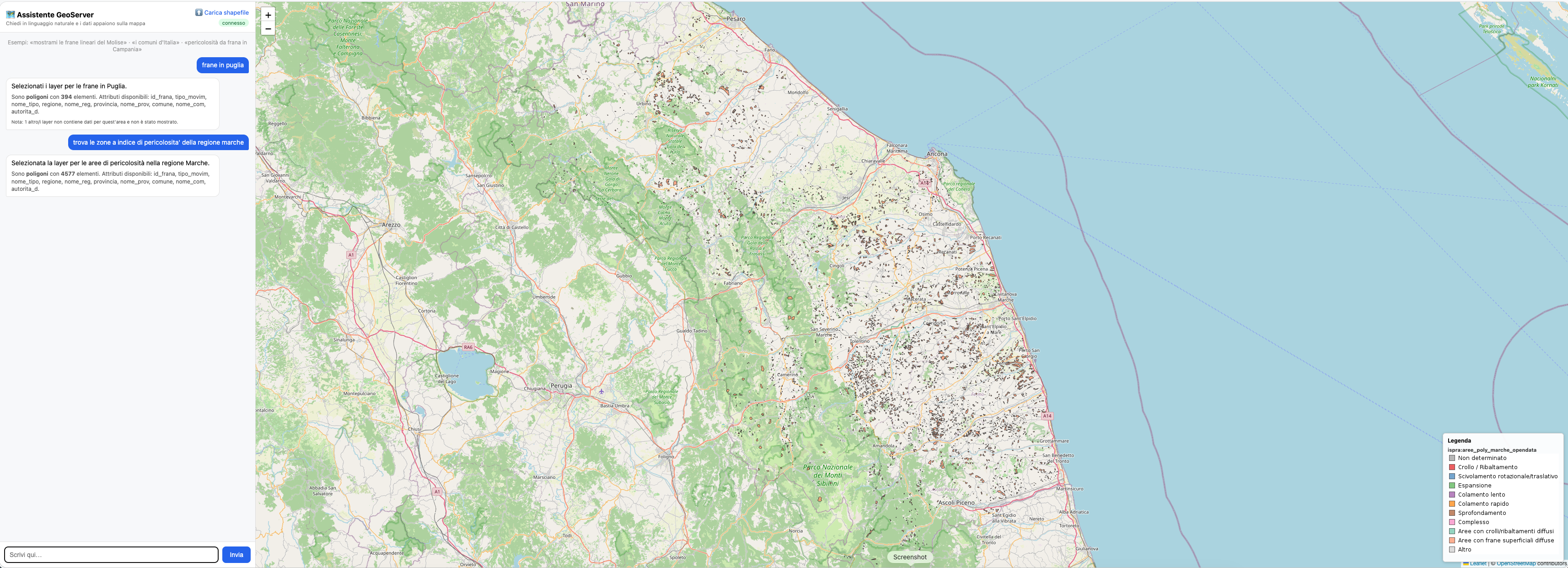 mcp-geo-server — chat-first web UI: ask in natural language, the matching layers render on the map with a thematic legend