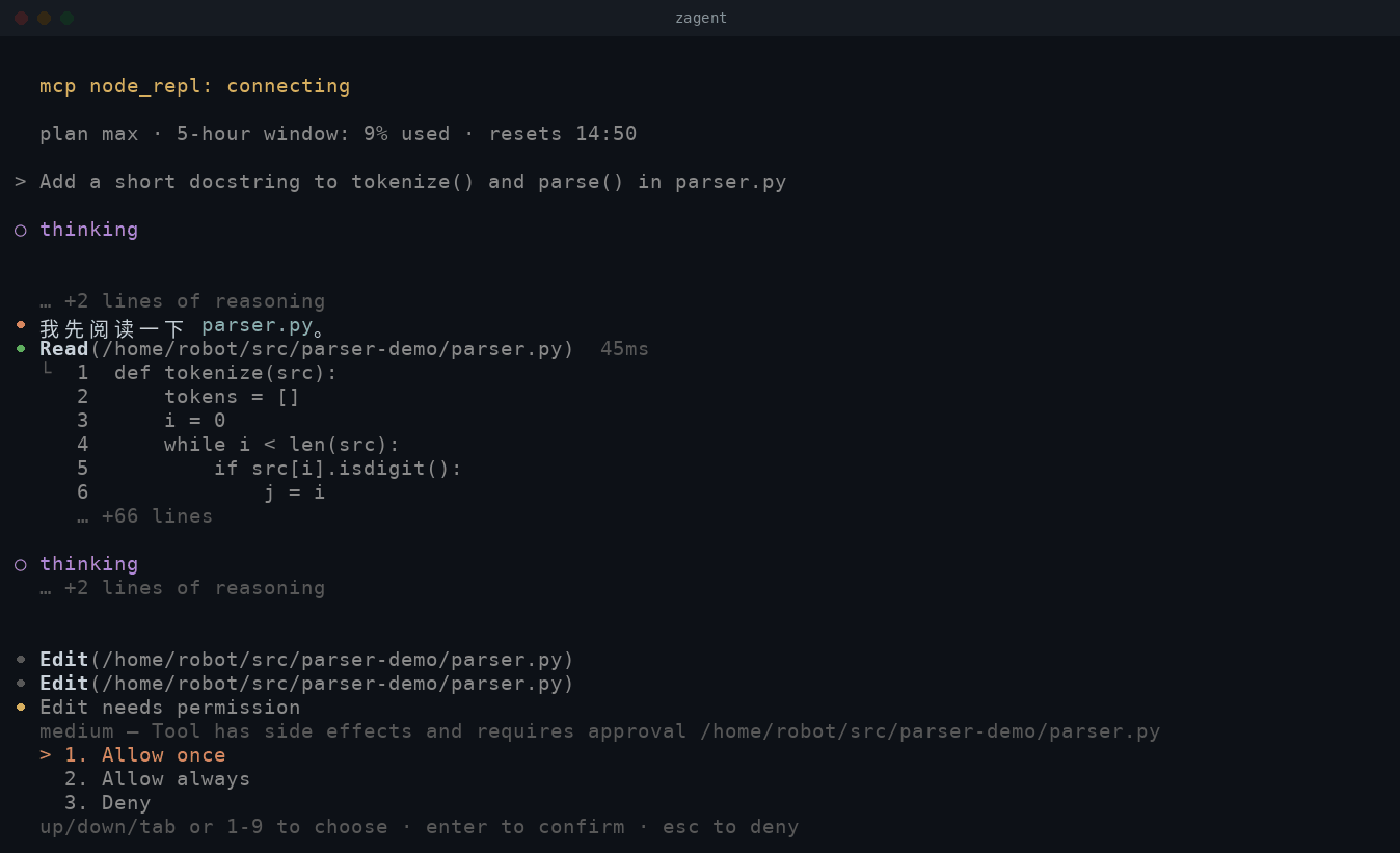 zagent demo: a live turn from prompt to summary