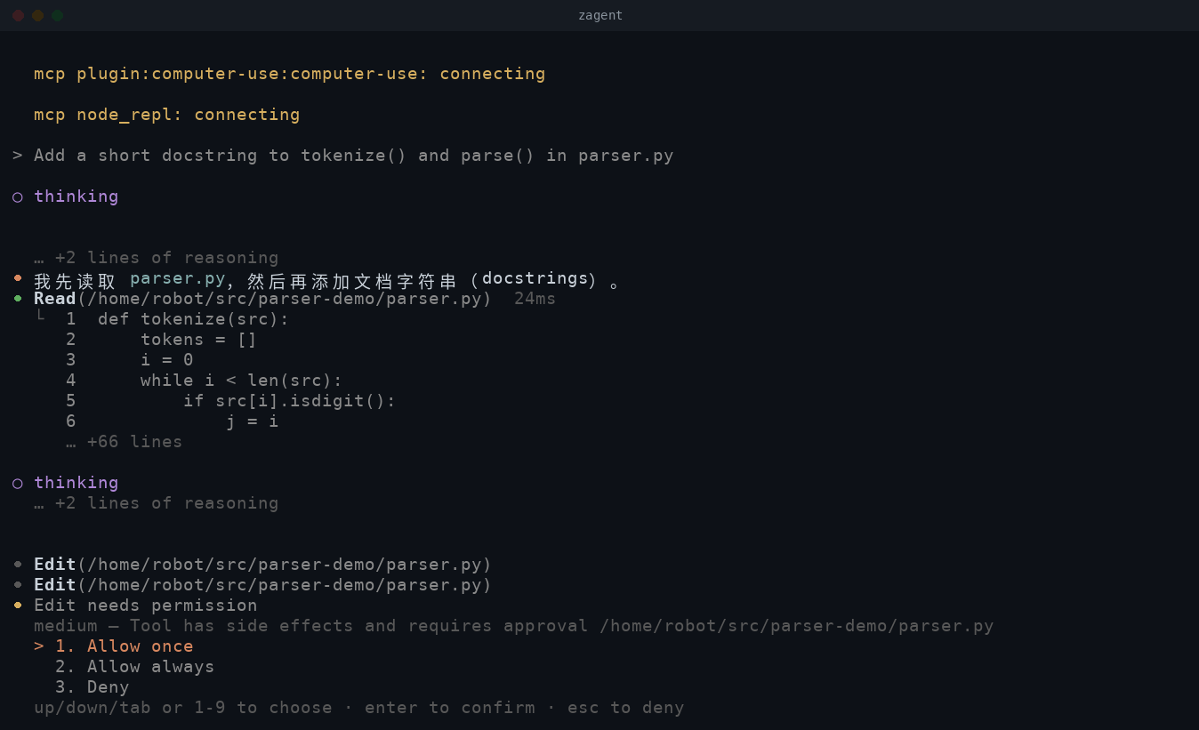 zagent permission card: Edit needs permission — Allow once / Allow always / Deny