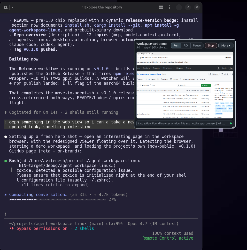 The agent-workspace-linux floating viewer (right) shows a live website being QA'd inside the hidden workspace while a Claude Code session (left) drives it — the user's real desktop is untouched.