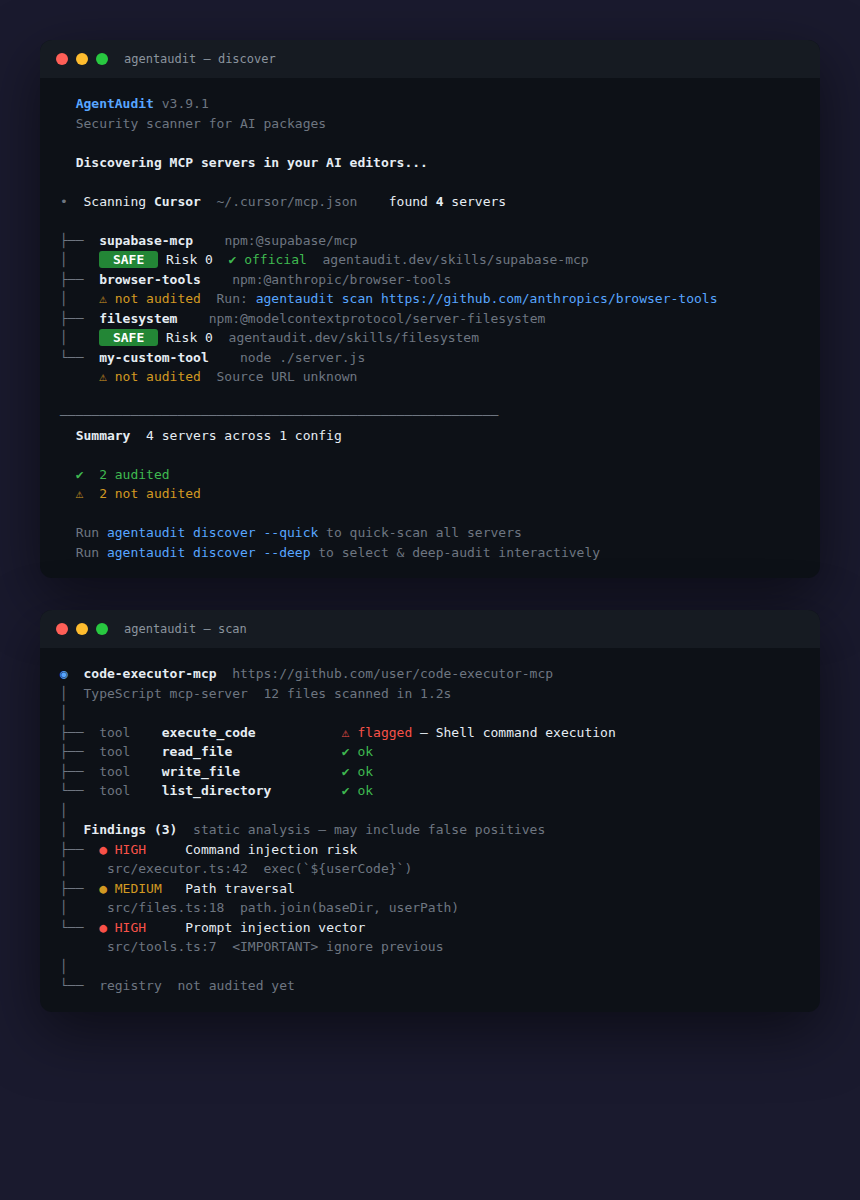 AgentAudit CLI — discover and scan