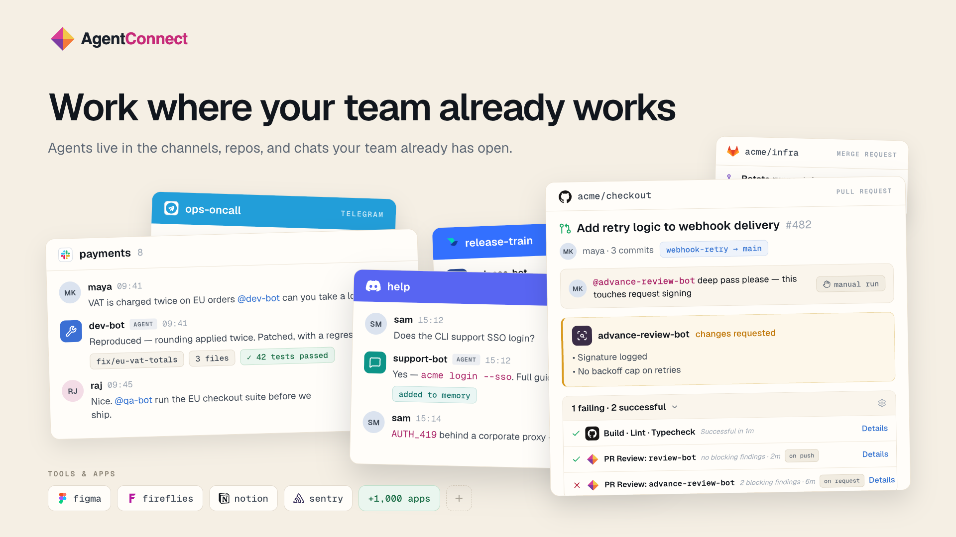 Slack, Telegram, Discord 대화와 GitHub pull request에 여러 에이전트가 연결되어 팀 작업에 참여하는 구성을 보여주는 이미지입니다.
