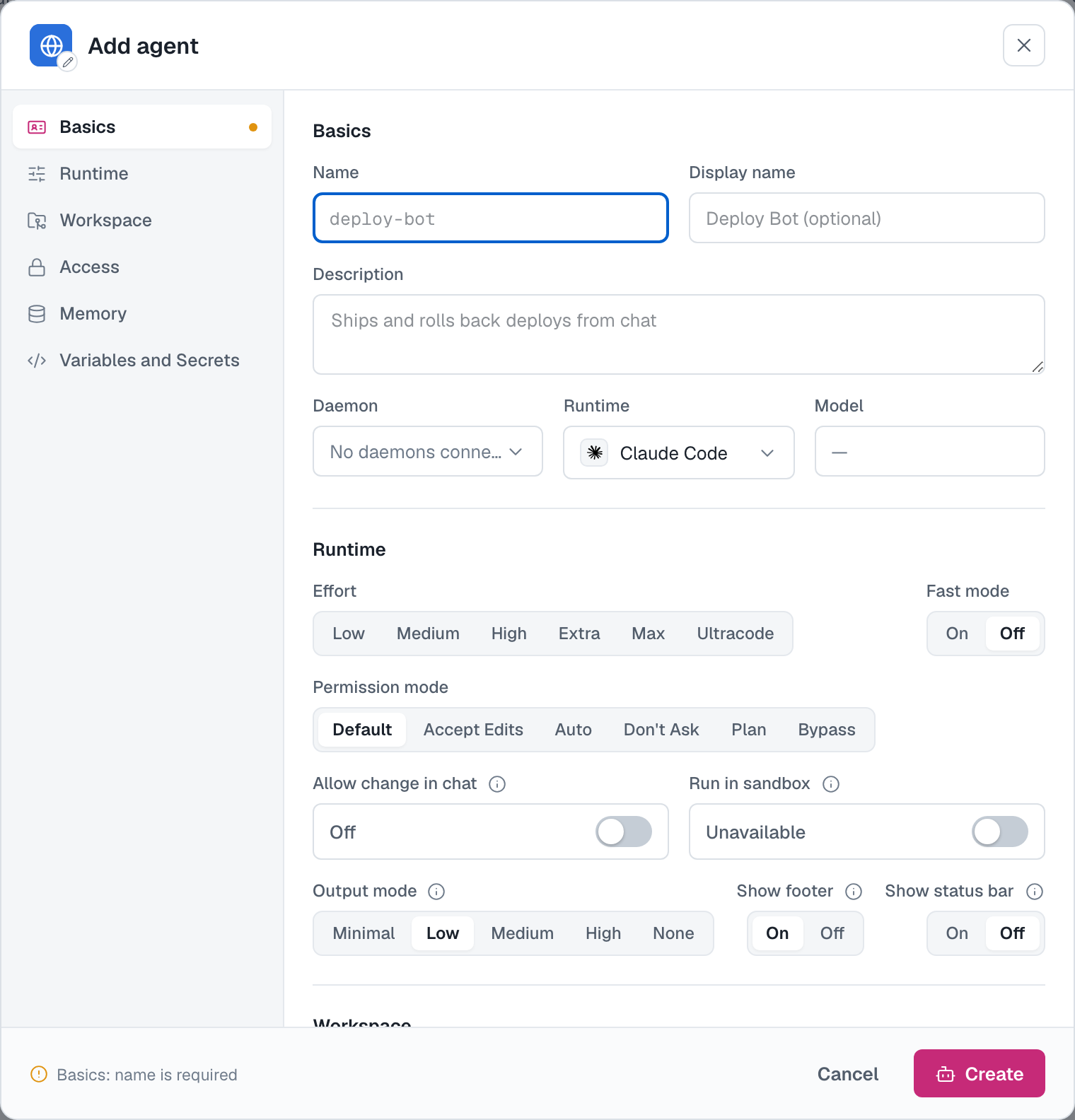 The Add agent dialog, with its sections down the left and the Basics and Runtime fields open