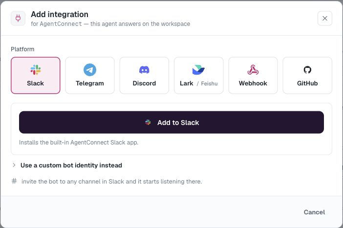 Install the built-in AgentConnect Slack app
