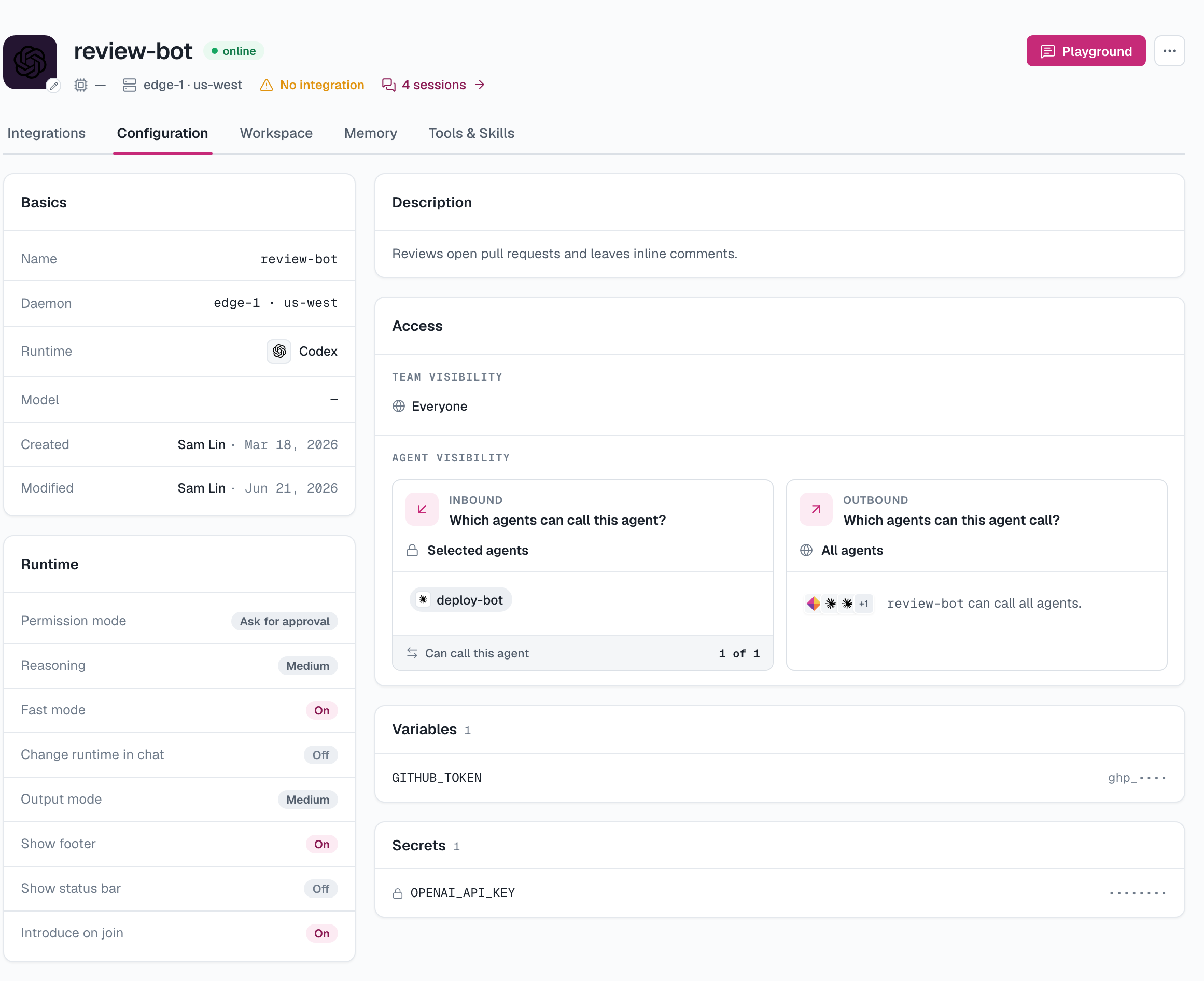 The Configuration tab: basics, runtime behavior, description, access, variables, and secrets