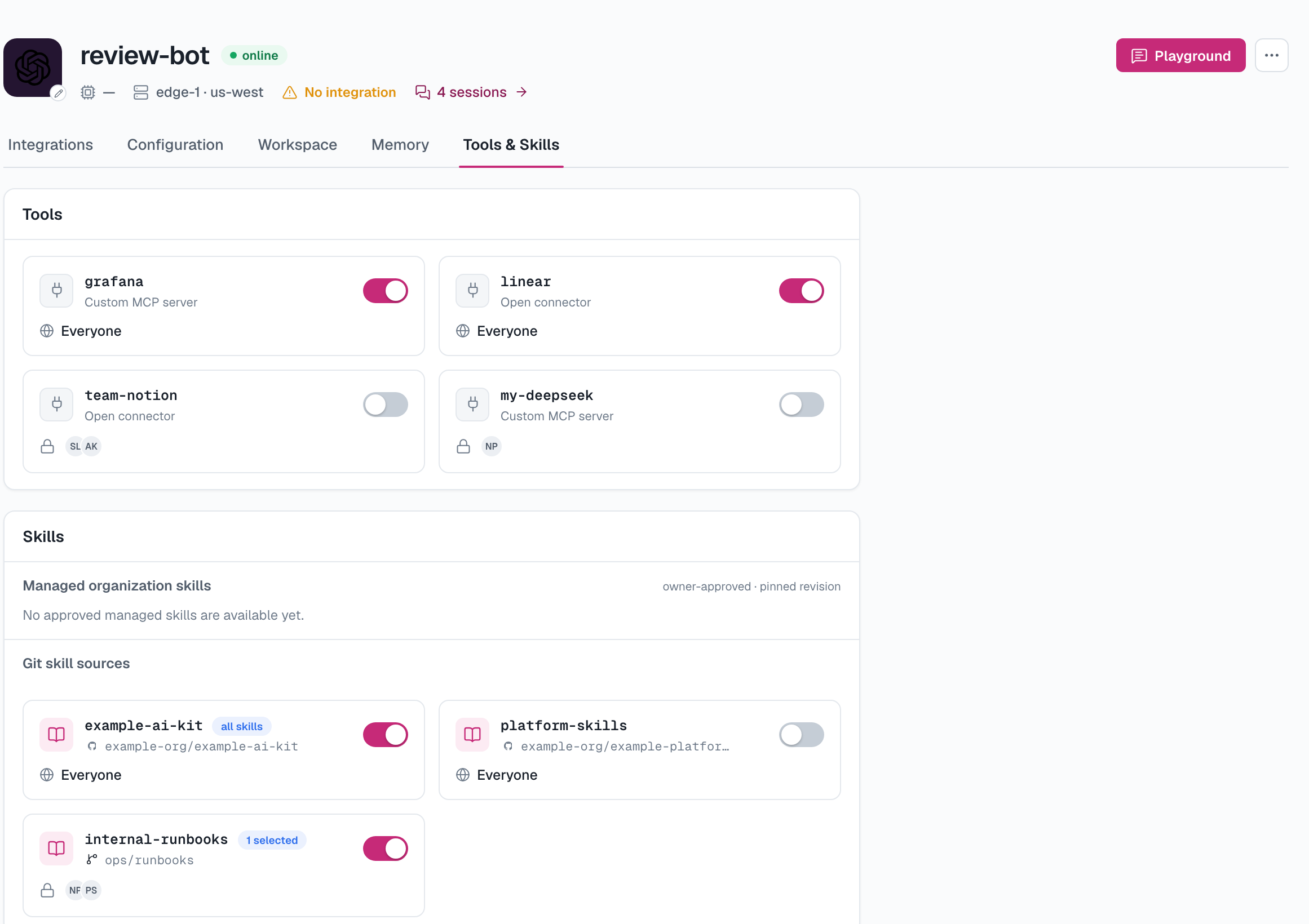An agent's Tools & Skills tab: MCP servers and skill sources switched on per agent