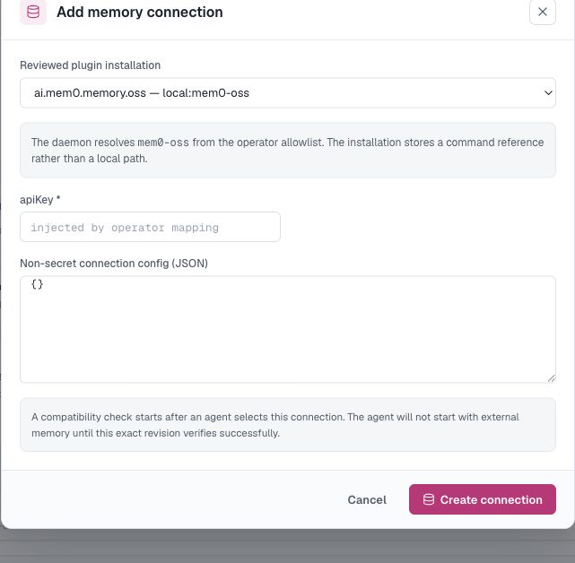 Register the operator-approved Mem0 connection