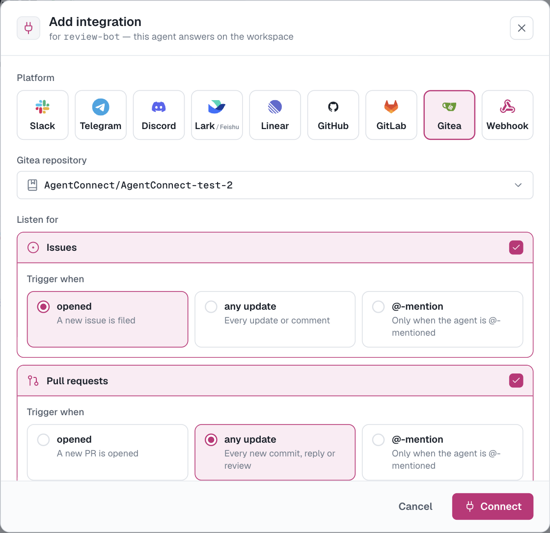 Add integration with Gitea selected: pick a repository, choose issues or pull requests, and how eagerly the agent wakes up