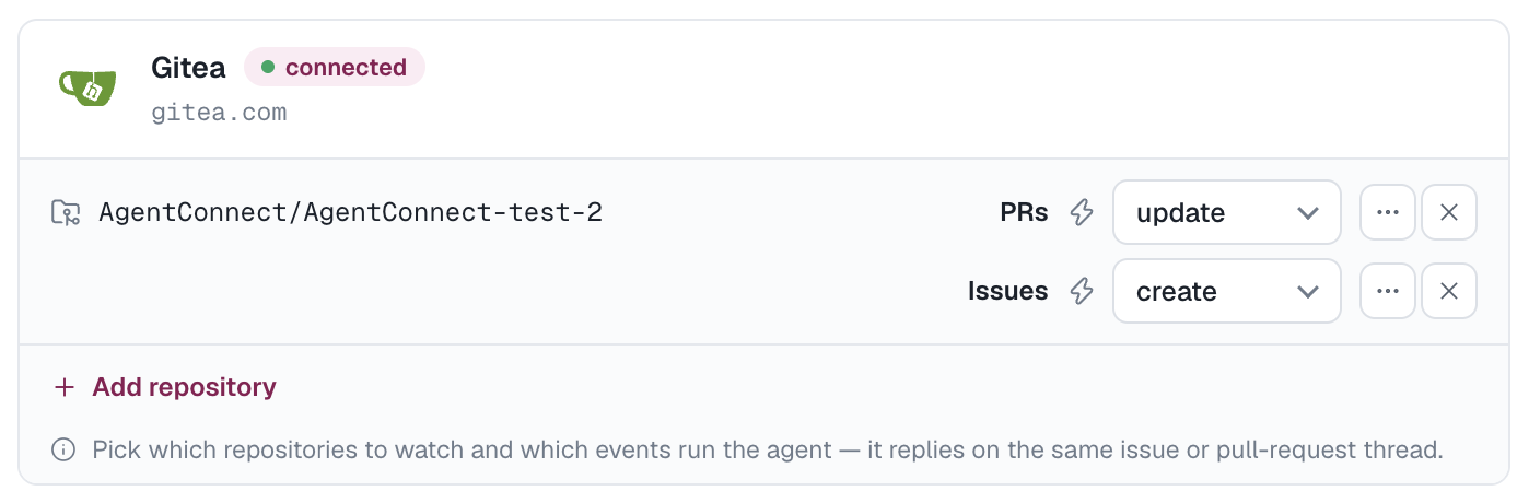 An agent's Gitea card with one watched repository, showing the pull-request and issue families and their triggers