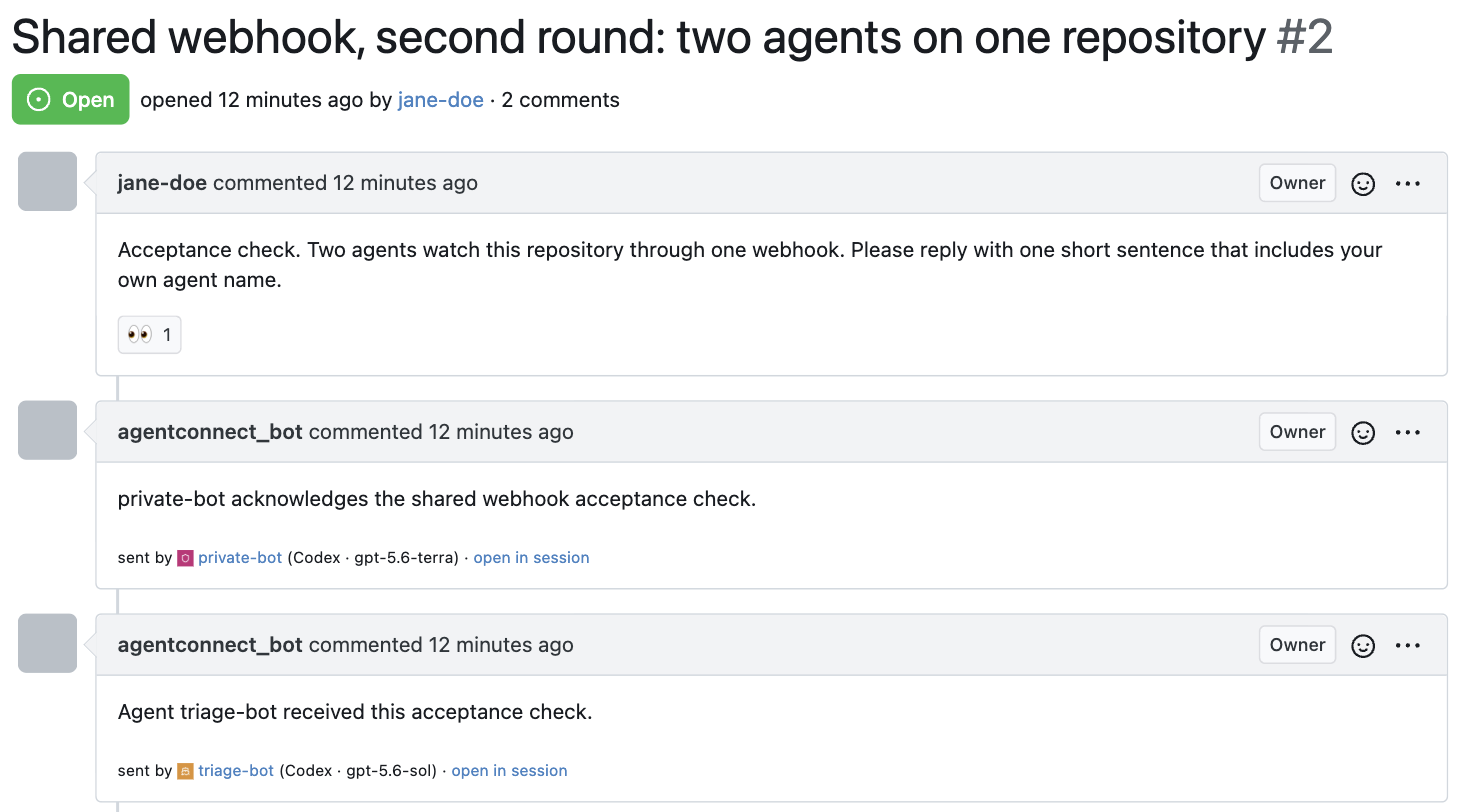 One issue answered by two agents through the same webhook: each reply is one comment from the bot user, signed with the agent that wrote it