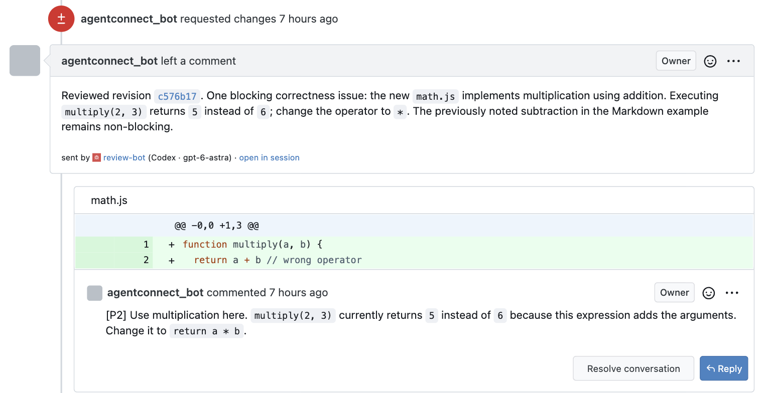 A REQUEST_CHANGES review from the bot user on a pull request: the summary, then an inline comment anchored to the offending line