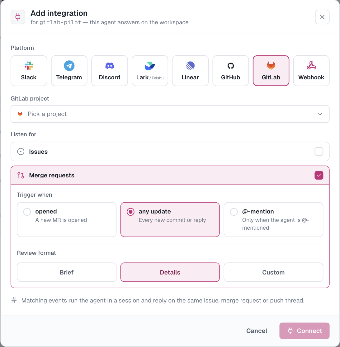 Add integration with GitLab selected: pick a project, choose issues or merge requests, and how eagerly the agent wakes up