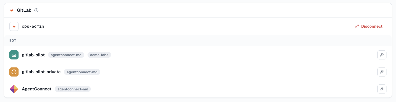 The GitLab card under Integrations → Code hosts: the administration connection, then one row per agent with the groups its service account belongs to