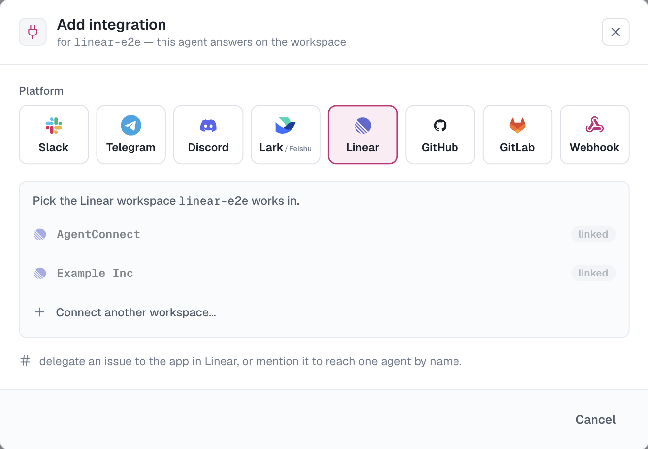 The Add integration dialog with Linear selected: pick a connected workspace or connect another one