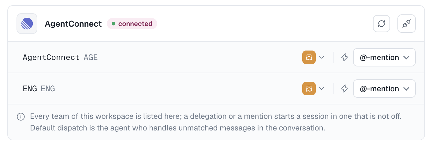 An agent's Linear card listing two team rows, each with its dispatch default and an @-mention trigger