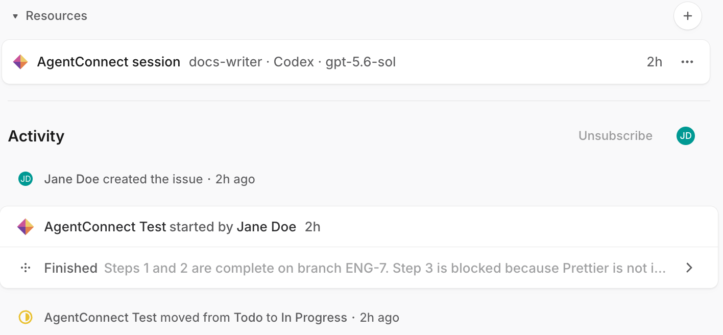 A Linear issue after delegation: the AgentConnect session in Resources, the agent session started by the delegator, and the issue moved from Todo to In Progress