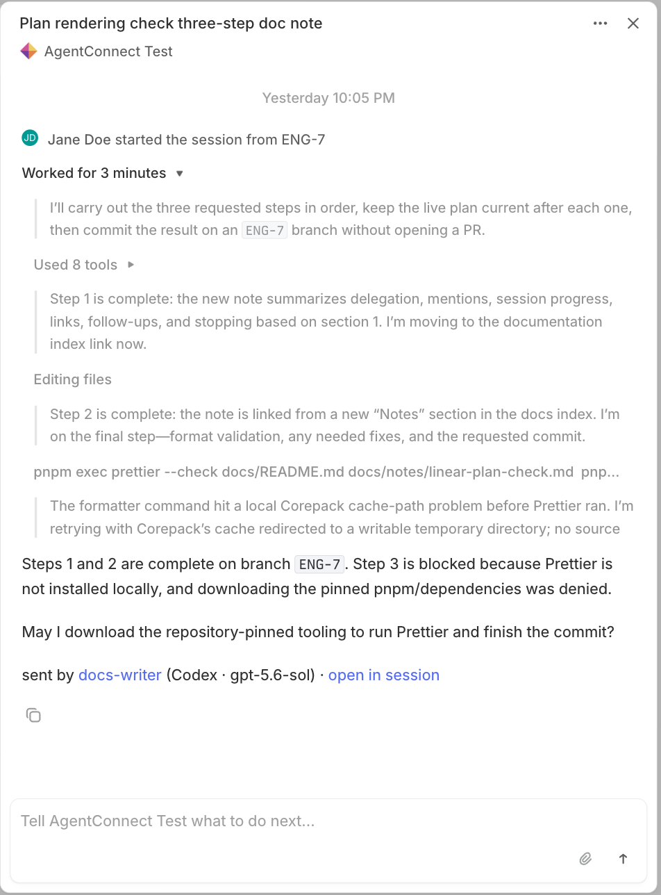 Linear's agent session panel with the run expanded: thoughts between steps, tools used, files edited, and the final response