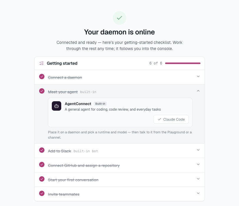The completed Getting started checklist with the built-in AgentConnect agent expanded