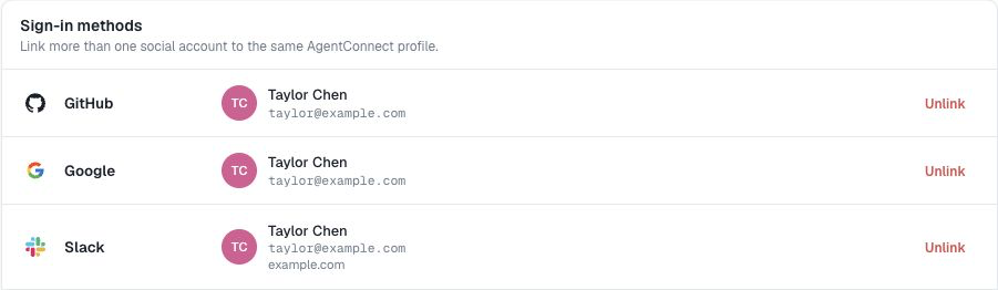 Several sign-in methods linked to one AgentConnect profile
