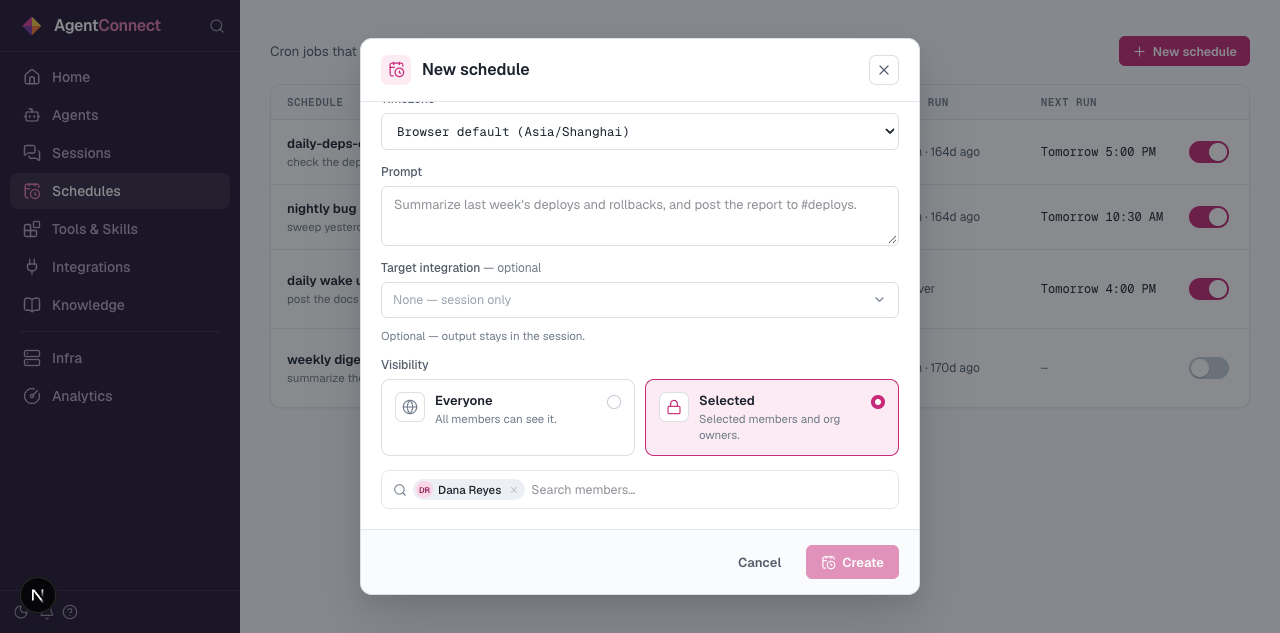 A schedule's Selected visibility includes selected members and organization owners