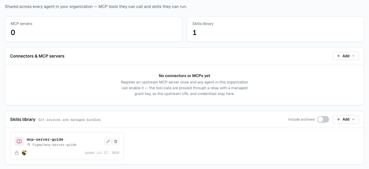 Organization connectors, MCP servers, and skills