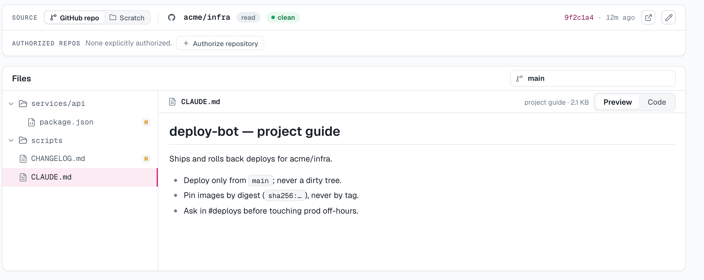 A GitHub-backed workspace: repository, branch, authorized repos, and the working tree