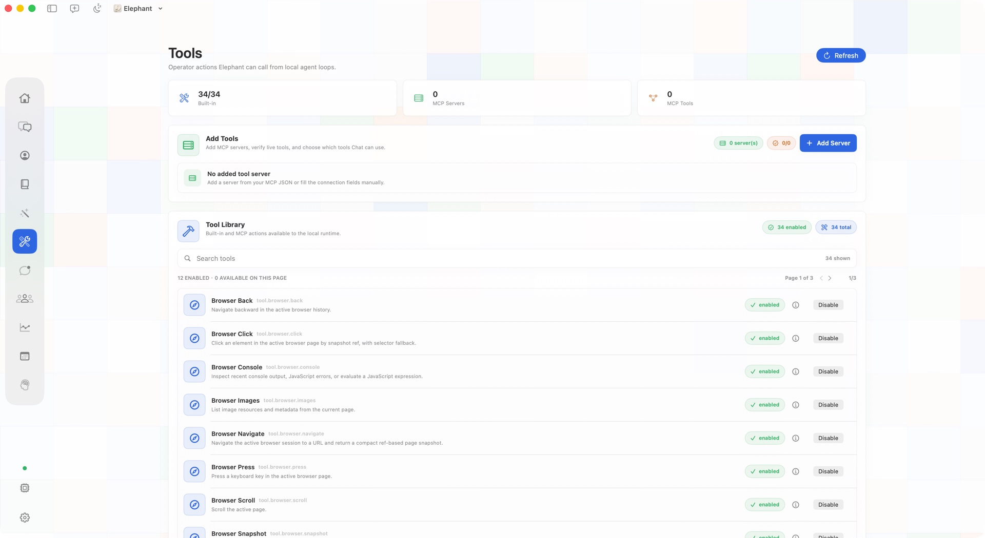 Elephant Agent tools screen