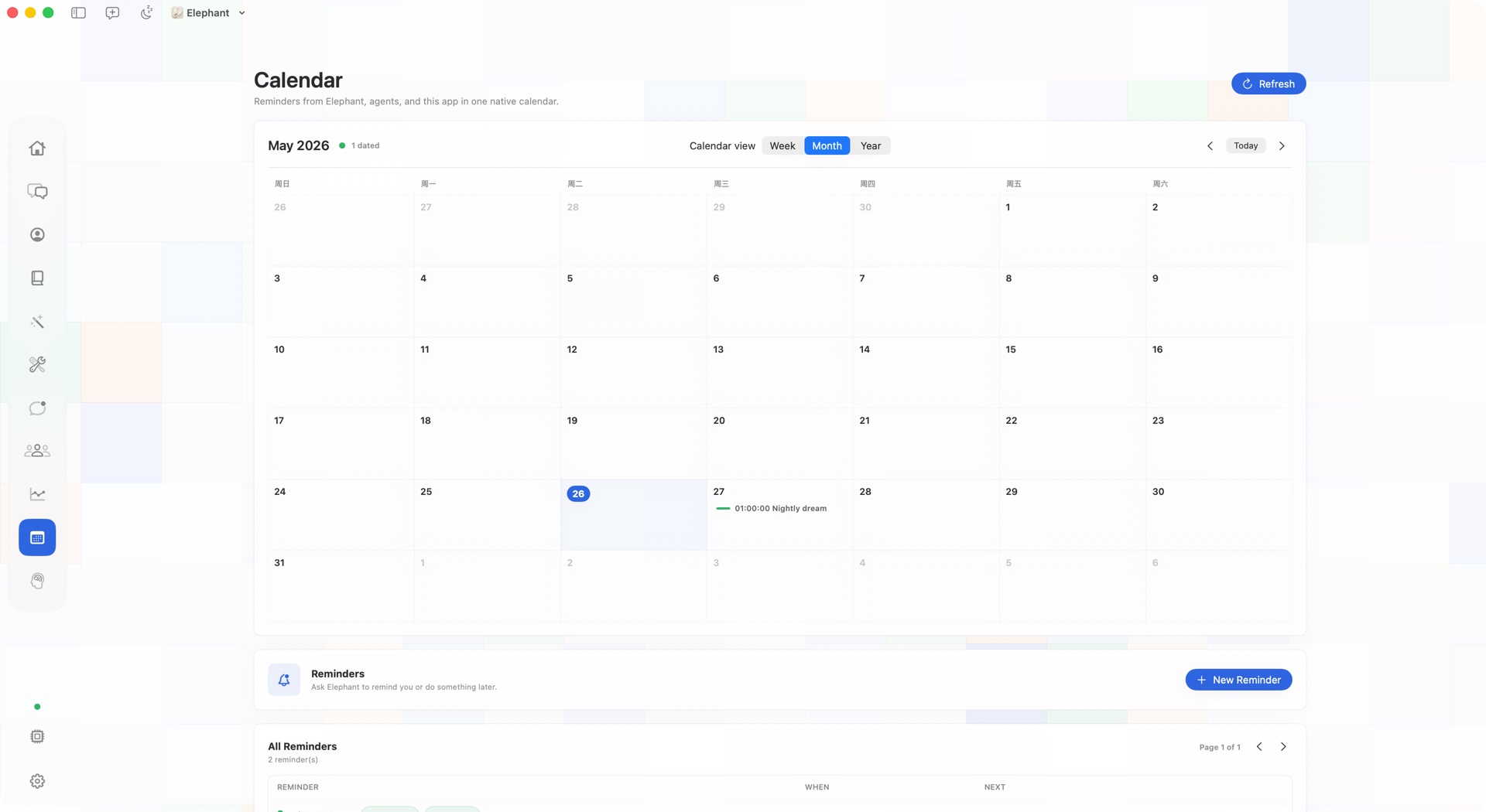Elephant Agent calendar and reminders