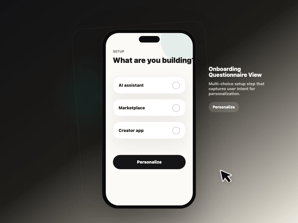 Onboarding Questionnaire View animated demo