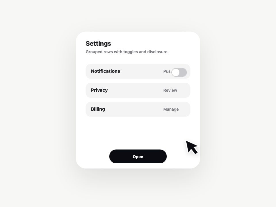 Settings Row Group View animated demo