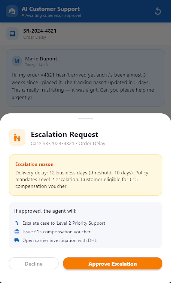 AI Customer Support — ticket tracking + escalation HIL
