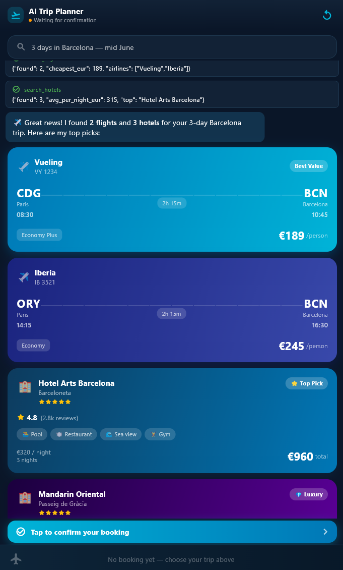 AI Trip Planner — generative flight & hotel cards