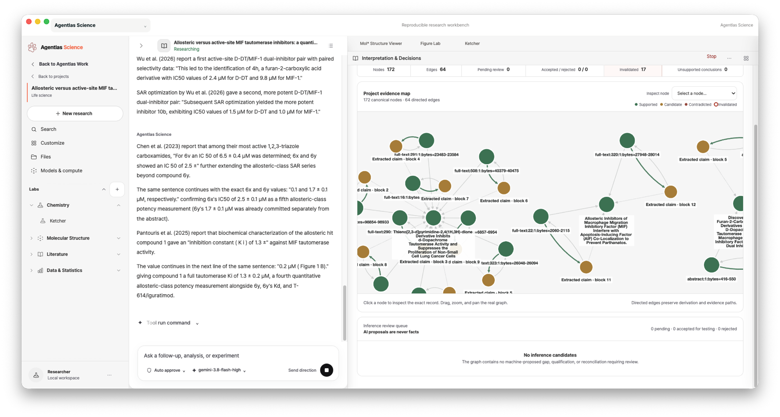 Agentlas Science evidence map linking each extracted claim to its source passage