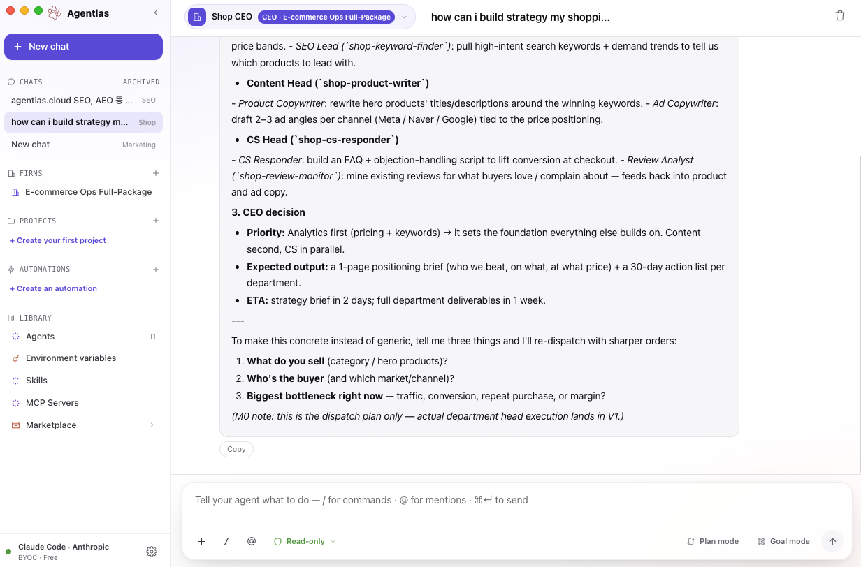 Agentlas Desktop running a CEO agent over a live org chart