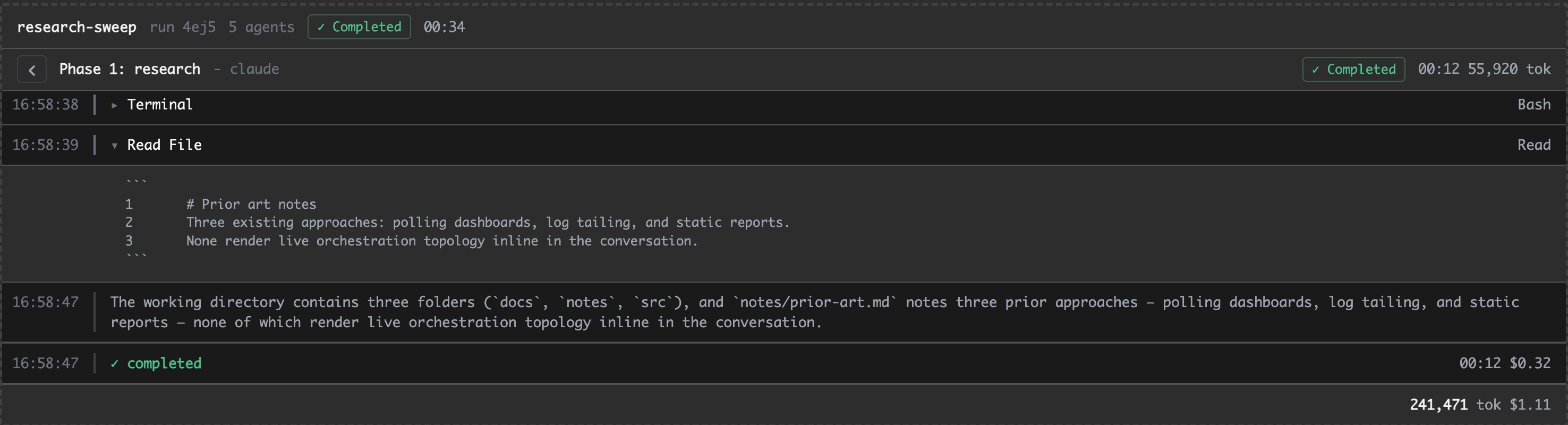 Run monitor: per-agent log drill-in with an expanded tool result